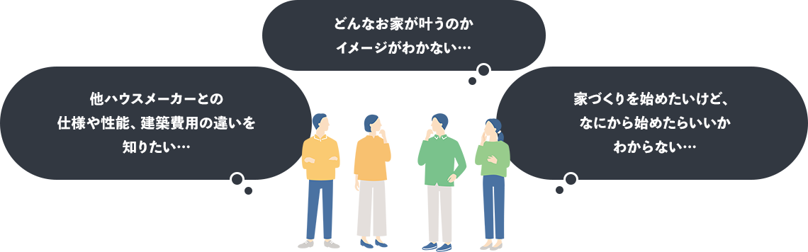 他ハウスメーカーとの仕様や性能、建築費用の違いを知りたい… どんなお家が叶うのかイメージがわかない… 家づくりを始めたいけど、なにから始めたらいいかわからない…